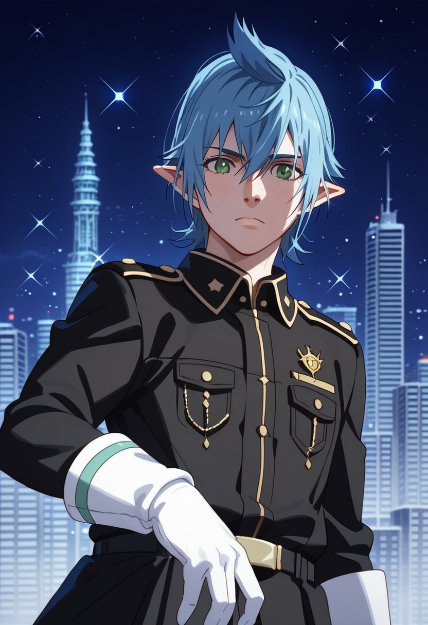 ffxv style, 1boy, male focus, 1boy, white gloves, gloves, detailed background, short hair, blue hair, long anime sideburns, hair between eyes, bishounen, very long pointed ears, green eyes, red sci-fi military uniform, furrowed brow, looking at viewer, cityscape, night, night sky green eyes, source_anime, sparkle, dynamic, anime coloring, 2d, flat coloring, cel shading, cel shaded, score_9, score_8_up, score_7_up, score_6_up, score_5_up, score_4_up