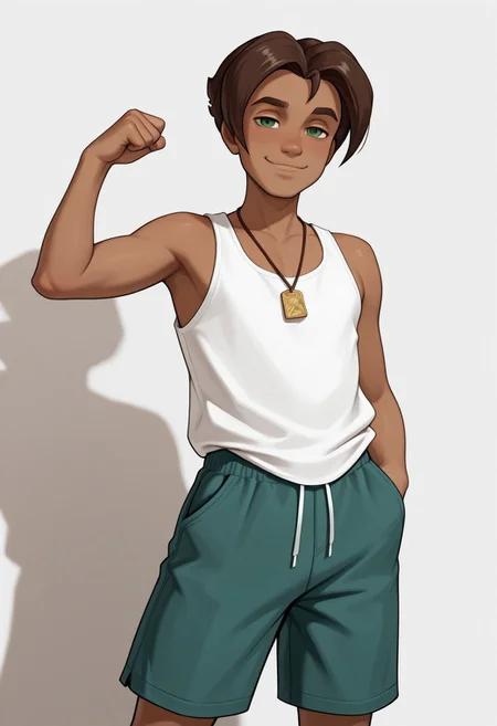 masterpiece, absurdres, high quality, perfect anatomy, 1boy, solo, cute boy, male focus, Presley, Dark Skin, Brown Hair, Green Eyes, tank top, green shorts, necklace, smug smile, cinematic, intricately detailed illustration, depth of field, masterpiece, best quality, amazing quality, very aesthetic, absurdres, newest, very awa,  shadow, dynamic angle, casual cosplay, dynamic pose, simple background,