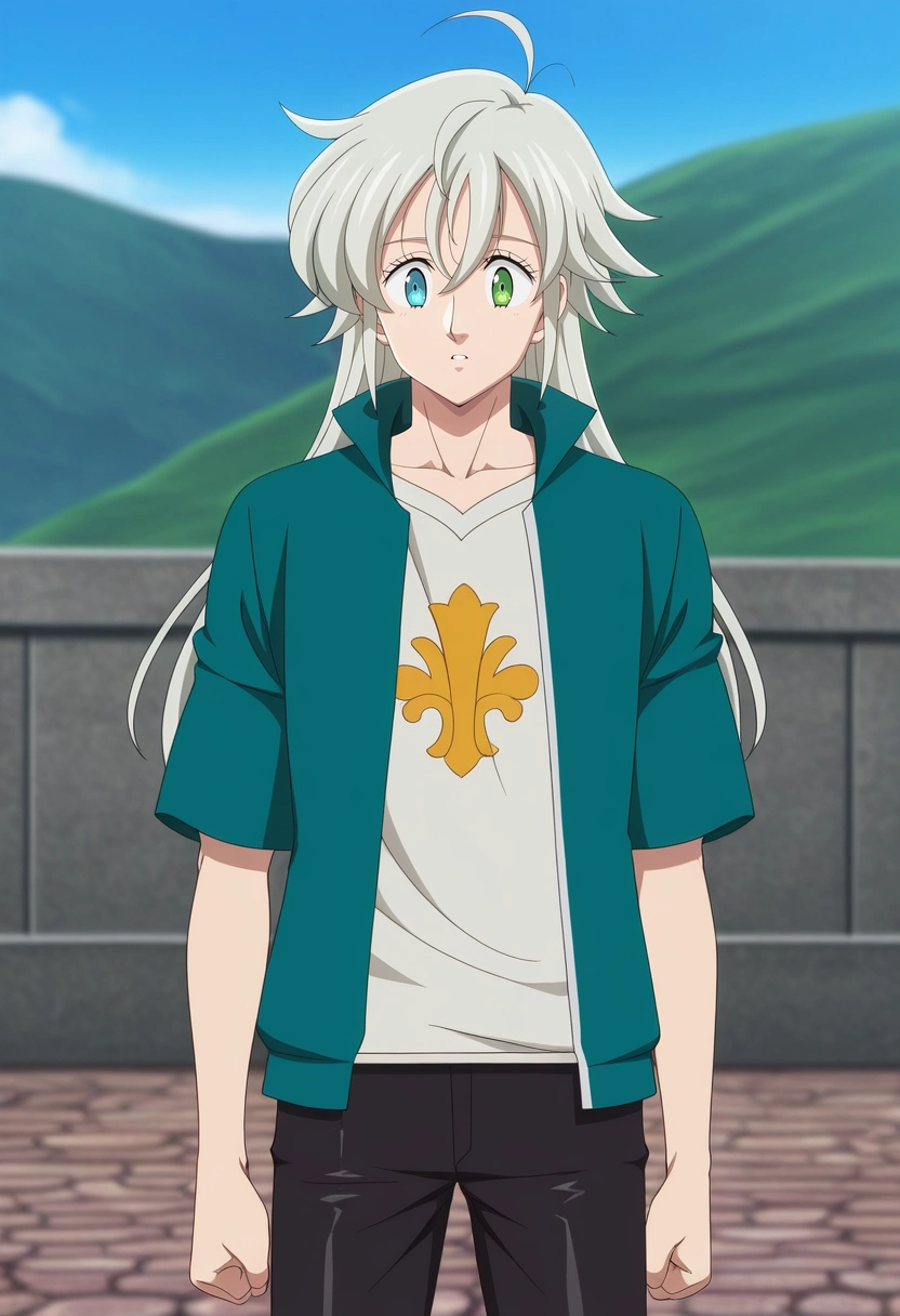 masterpiece, best quality, anime screencap, official style, anime coloring, cowboy shot, 1boy, solo, male focus, <lora:tristan_liones_ilxl:0.9>, tristan_liones, grey hair, green eyes, long hair, ahoge, heterochromia, blue eyes