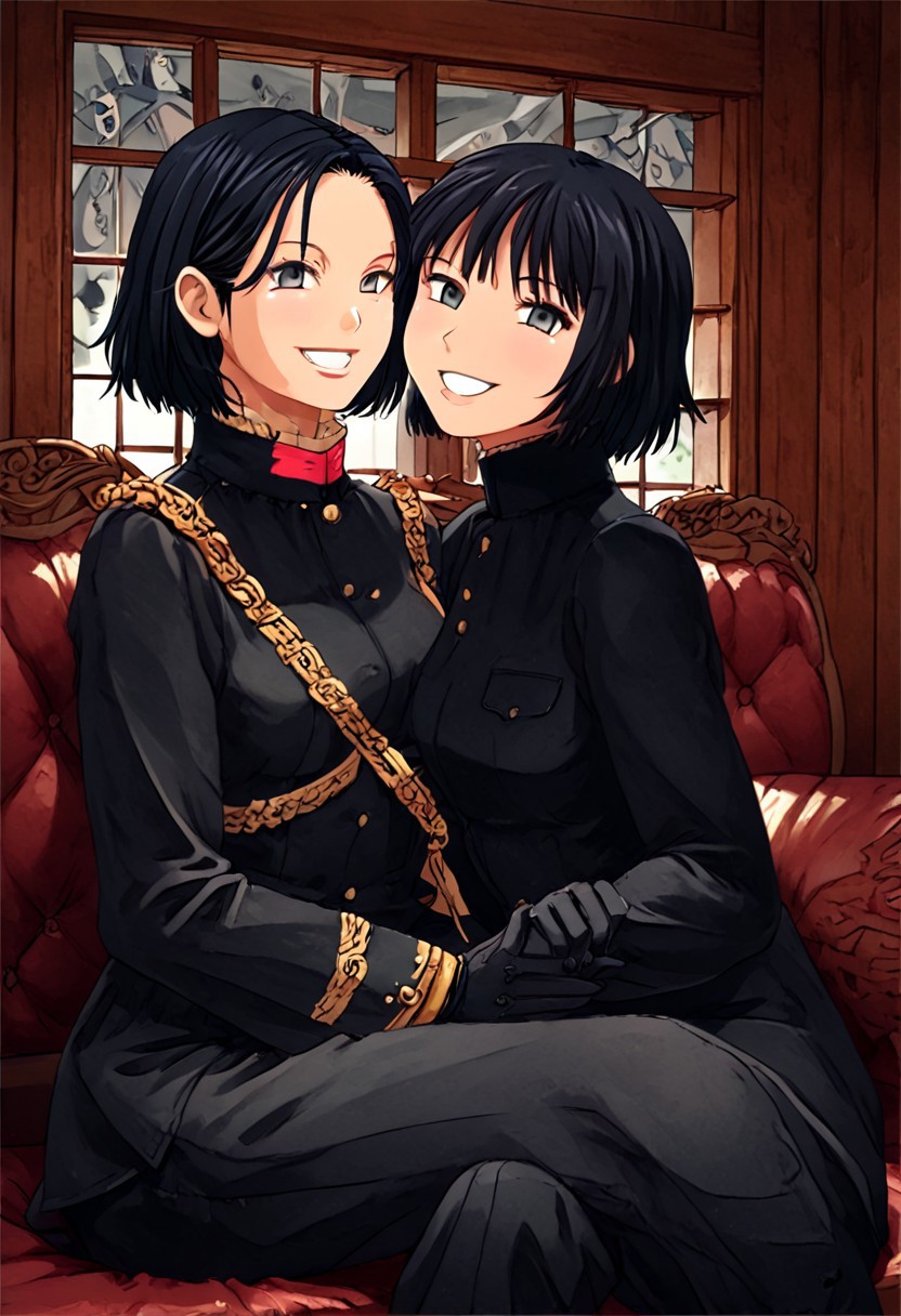 black hair, girl, black military uniform, indoors, sitting, sofa, smile, black cat on lap, side view, detailed background, window,