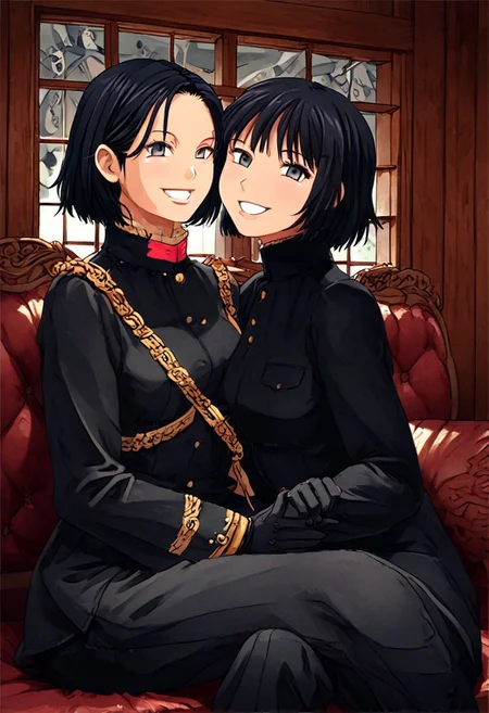 black hair, girl, black military uniform, indoors, sitting, sofa, smile, black cat on lap, side view, detailed background, window,