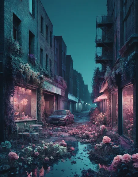 novuschroma style city street scene at night floral decay <lora:104_novuschroma_1:1>
