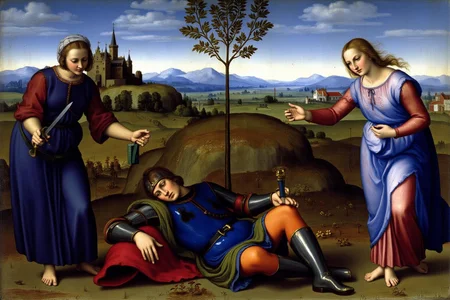 raphael1 painting.
Three figures are in a pastoral landscape. The central figure is a fallen knight in blue armor, lying on the ground with his head resting on a red cloth. To the left, a woman in a blue and red outfit holds a book in one hand and a sword in the other. To the right, another woman in a blue and pink gown reaches out to the knight. The background features rolling hills, a castle in the distance, and a small village. <lora:raphael1_cap_d6a3:1.0><lora:843597827088218918:0>
