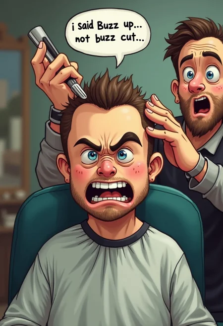 A text reads above "i said Buzz up... not buzz cut" says guy getting a haircut, he recieves a buzz cut, he has an an angry face, barber has surprised face