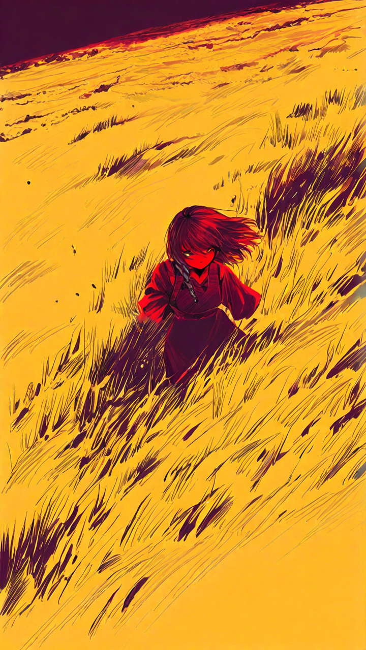 masterpiece, newest,absurdres,incredibly absurdres, best quality, amazing quality, very aesthetic, 
1girl, walking through dry tall grass, intense gaze,pinafore dress, long layered copper hair, side braid with threads, wind, crimson theme, sand theme, obsidian theme, amber hue, yellow hue, sharp light from low sun, dust in air, rugged horizon,
<lora:0__11Xx:1> 0__11Xx_illu <lora:KonYa666:1> kony4666