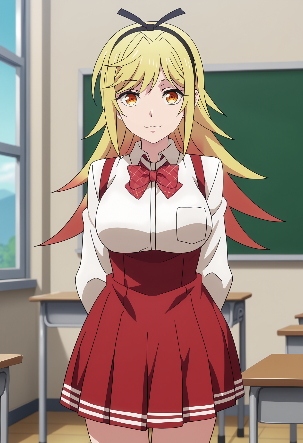 score_7_up, anime screencap,
<lora:ShuumatsuNoHarem_KamiyaKarenXL:0.9>,
1girl, solo, closed mouth, light smile,
long hair, multicolored hair, blonde hair, red hair, multicolored eyes, black hairband, hair ribbon,
KamiyaKaren, collared shirt, white shirt, plaid bowtie, long sleeves, suspender skirt, high-waist skirt, red skirt,
arms behind back, standing, thigh gap, looking at viewer,
classroom, indoors, blurry background