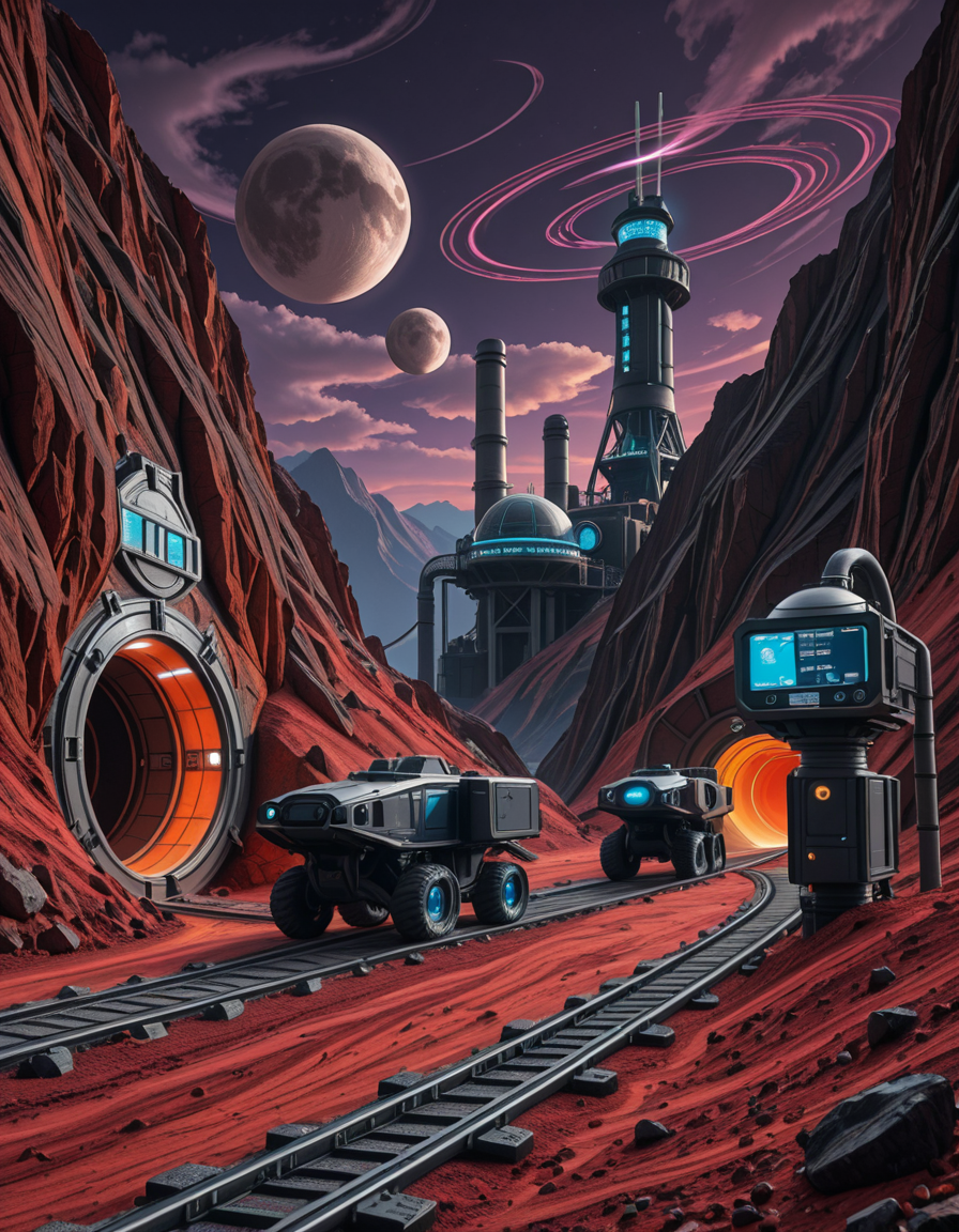 A futuristic mining outpost on a distant, rocky planet with a harsh, alien landscape. The mine entrance is a massive, reinforced metal tunnel carved into the side of a jagged, dark-red mountain. Advanced, glowing blue energy lights line the entrance, illuminating the metallic tracks that lead deep underground. Large, heavily-armored mining vehicles with mechanical arms and drills are stationed nearby, extracting rare minerals from the rock. The ground is covered in fine, reddish dust, kicked up by the movement of autonomous robotic drones that transport ore to a towering industrial refinery in the background. The sky is a deep, dark purple with swirling clouds and two distant moons casting a cold, eerie glow. In the distance, futuristic habitation domes with transparent walls house workers in protective exosuits, their silhouettes visible inside. A neon-lit control tower monitors operations, its holographic screens displaying real-time data. The atmosphere is both desolate and technologically advanced, evoking a sense of exploration and survival on the edge of the galaxy.
<lora:SDXLFaeTastic2400:0.4> <lora:extremely_detailed:0.4> extremely detailed,futuristic mining 0utp0st, <lora:futuristic_mining_0utp0st-i:1>, Masterpiece,best quality,hi res,8k,hi res,8k,award winning,(sharp focus, intricate, highly detailed),