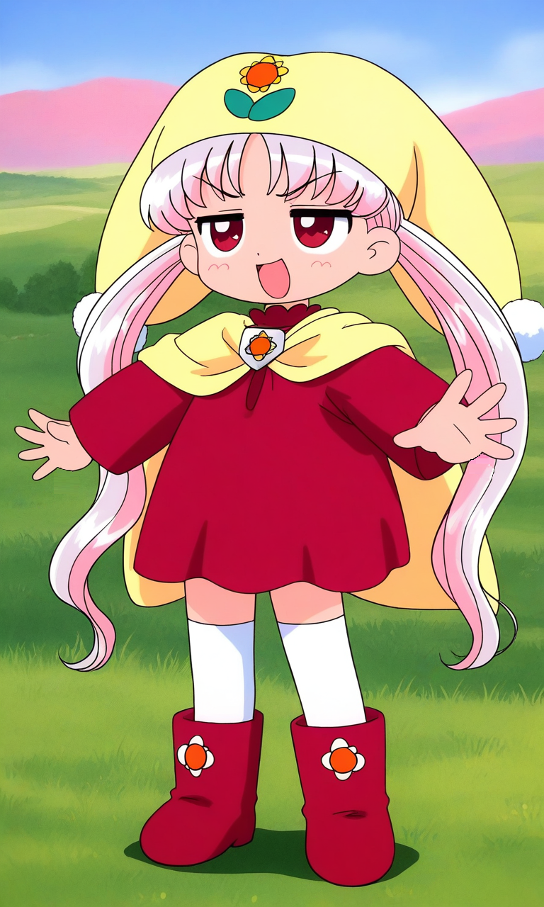 general,highres, ultra-detailed,very aesthetic,best quality ,best hands, BREAK <lora:Princess_Silver_Crayon_Oukoku_Ver2.0_IS:0.9>
Silver_Oujo(Crayon_Oukoku), 1girl, solo, long hair, white hair, pink hair, red eyes,
yellow headwear, twintails, parted bangs,
red dress, boots, pom pom (clothes),
annoyed,narrowed eyes,jitome,sanpaku,
smile, full body, open mouth, red dress, :d, 
long sleeves, red footwear, 
hair bun, outstretched arms, standing,
grass, sky, fantasy,