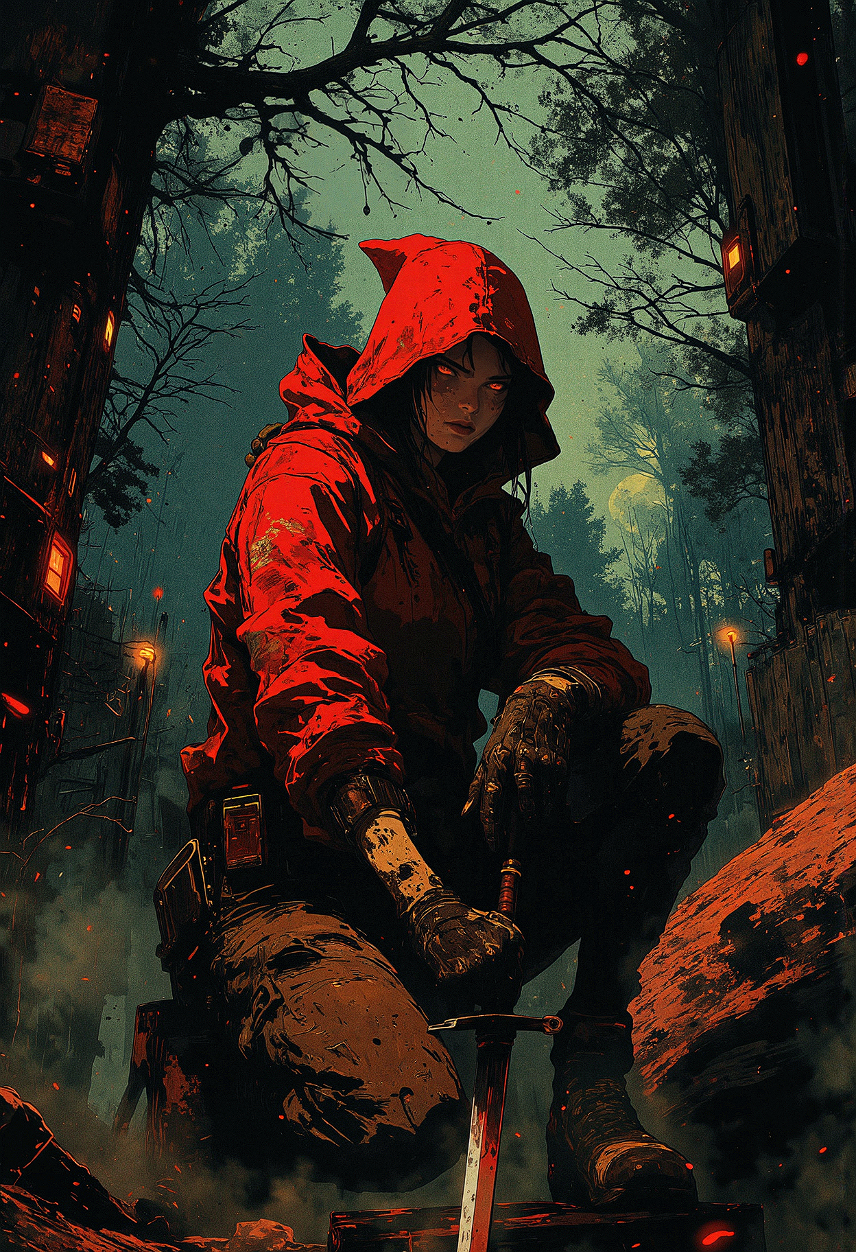 A mature, alluring Red Riding Hood with deep red cloak and hood, crouched low, hiding among dense, dark trees and thick shadows. Her face is partially obscured by the hood, revealing only piercing, cautious eyes. The forest around her is dark and twisted, with gnarled trees and thick, misty fog. Subtle moonlight filters through the branches, casting eerie shadows. She holds a small dagger tightly, poised, prepared, as if sensing danger lurking nearby. The atmosphere is tense and mysterious, with hints of the supernatural in the background.   <lora:CPA:0.83> <lora:Luminous_Shadowscape-000016:0.63> <lora:RetroAnimeFluxV1:0.53> <lora:FLUX-daubrez-DB4RZ:0.33> DB4RZ, DB4RZ style painting,