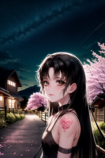 solo, 1girl, long hair, brown eyes, black hair, looking at viewer, upper body, closed mouth, tattoo, simple background ,scenery, tree, night, outdoors, sky, grass, night sky, cherry blossoms, star (sky), fence, cloud, starry sky, rock, building, house, bush, mountain, road, path /////////// <lora:rsef-000225:1>