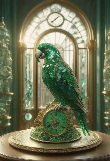 A emeraldmorph parrot, crafted entirely from emeralds, its facets shimmering brilliantly in the soft light. The parrot is perched gracefully on an ornate antique gold clock, The clock is sitting on a table before a grand, arched window in a Victorian mansion, where sunlight streams through intricate stained glass, casting a kaleidoscope of colors on the polished wooden floor and velvet curtains.