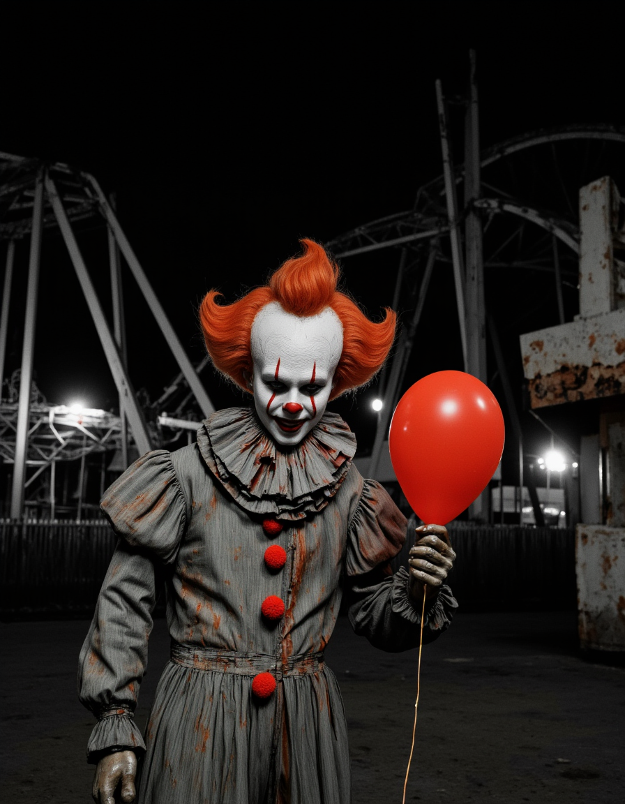 <lora:{nightambience, }Night_ambience-000015:0.65> nightambience, A hauntingly realistic black and white photograph of an abandoned amusement park at night, with a terrifying scarecrow of a clown standing alone, its pale face painted with a grotesque smile, and its tattered orange wig a stark contrast to the monochrome surroundings. The clown's eyes are sunken, with dark circles underneath, and its skin is deathly pale with a subtle sheen of sweat. It wears a faded and torn colorful suit, now reduced to various shades of gray, with oversized buttons and a crumpled collar. The clown's bony fingers grasp a bright red balloon, the only splash of color in the otherwise desolate landscape, which seems to glow with an otherworldly light. The lighting is dim, with only the faint moonlight casting an eerie glow over the rickety rollercoaster and rusty game stalls in the background, their shadows stretching like skeletal fingers across the ground. The atmosphere is heavy with the scent of decay and neglect, and the air is thick with the sound of creaking wooden beams and distant, unsettling laughter. The photograph is taken in 4k ultra-realistic quality, with every detail, from the clown's pores to the rust on the amusement park rides, rendered in exquisite detail. The shot is a wide-angle, low-angle shot, looking up at the clown with a sense of ominous foreboding, and the depth of field is deep, keeping both the clown and the background in sharp focus. The overall mood is one of unsettling terror, as if the clown is waiting for its next victim, and the red balloon is a beacon, drawing in the brave and the curious. The image features a subtle film grain, adding to the sense of realism and unease, and the black and white palette serves to heighten the contrast between the terrifying clown and the bright, cheerful red balloon. . 35mm photograph, film, bokeh, professional, 4k, highly detailed