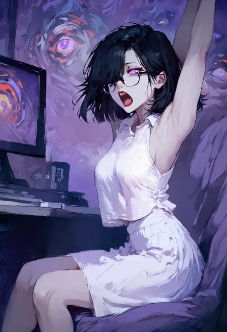 score_9, score_8_up, score_7_up, solo, dramatic light, focus from back, sleepy face, Yawning, open mouth, Yawns, stretching,
1girl, black hair, pale skin, purple eyes, hair over one eye, medium hair, medium breasts, red lipstick,
formal shirt, white shirt, sleeveless, glasses, nerd, sitting at computer, tired, cel shading, purple theme, neon, living room, white skirt,
ringed eyes, extra eyes, <lora:eyes:0.8> , Shizoeyes,
<lora:Black_souls_style:0.8>, <lora:Expressive_H:0.3>, <lora:cutesexyronutts_style_xl:0.8>, <lora:LLDN:0.8>, LLDN, watercolor,