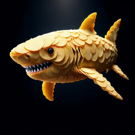 A photorealistic image of a scaly shark made out of potato chips, intricate details, dramatic composition, tension, contrast, texture, realism, high quality, stunning art, volumetric lighting, detailed, intricate, simple black background,