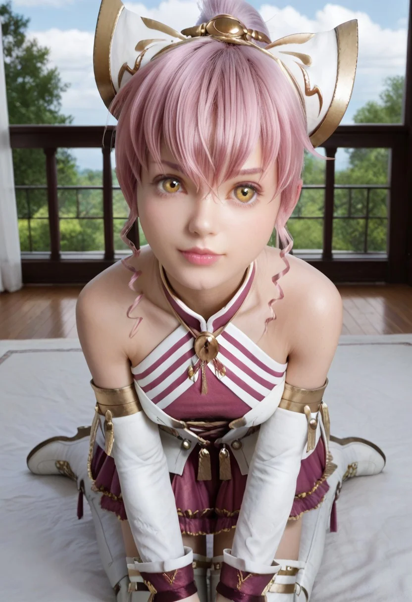 score_9, score_8_up, score_7_up, score_6_up, score_5_up, 1girl, Sakura (FFBE), pink hair, yellow eyes, bangs, hair between eyes, hair ornament, drill hair, sidelocks, ponytail, makeup, lipstick, white clothes, halterneck, gold trim, skirt, pinks skirt, pleated skirt, frilled skirt, thighhighs, white boots, multicolored footwear, elbow gloves, detcahed sleeves, fingerless glove, bare shoulders, zettai ryouiki, looking at viewer, sexy, female focus, fantasy, face focus, expressive, skindentation, pale, skinny, tiny, clothed female, masterpiece, 32K HD, detailed eyes, wet clothes, shiny skin, showing lots of skin, steamy air, wide lens, perfect eyes, 3d, realistic, photorealistic, textured skin, indoors, clouds, tree, (chibi)