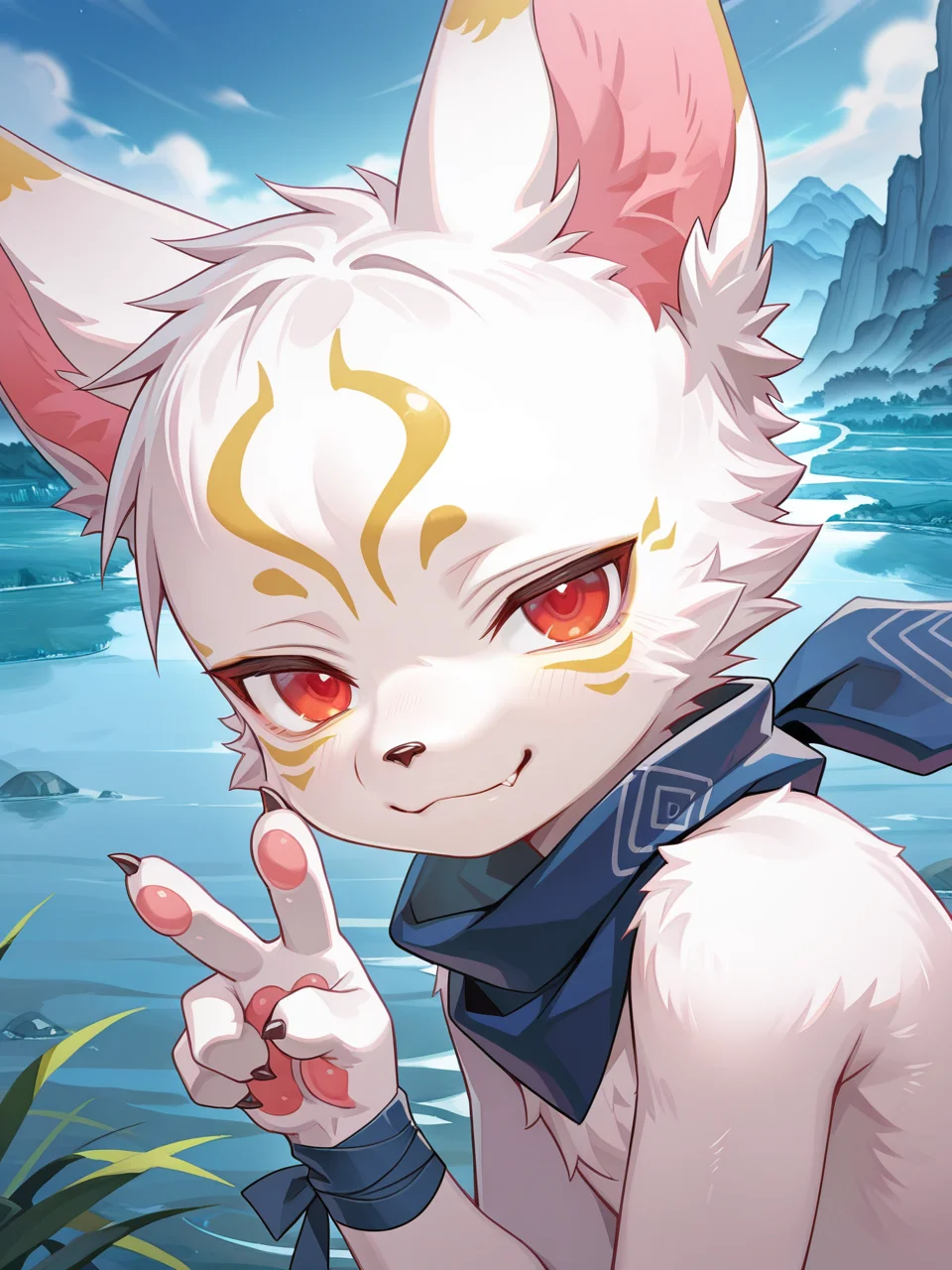 masterpiece, best quality, amazing quality,upper body,face focus,close up,side angle,chibi form,small form,furry,
k@nk0,fox boy,1boy,solo,male focus,red eyes,gold facial mark,facial mark,blue scarf,wrist bandages,claws,v sign,smug,looking at viewer,river, mountain, 
<lora:Kanko_IL:1>