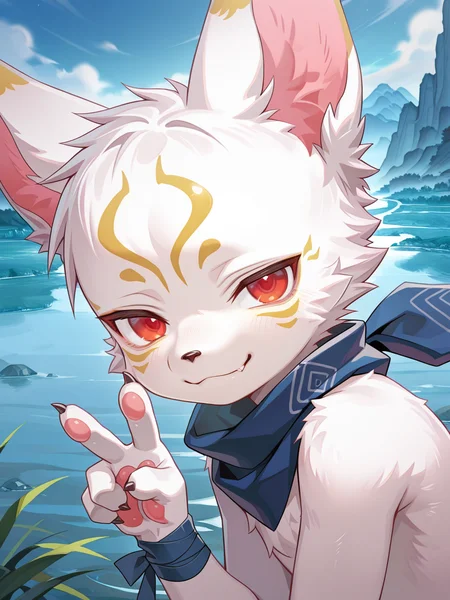 masterpiece, best quality, amazing quality,upper body,face focus,close up,side angle,chibi form,small form,furry,
k@nk0,fox boy,1boy,solo,male focus,red eyes,gold facial mark,facial mark,blue scarf,wrist bandages,claws,v sign,smug,looking at viewer,river, mountain,
<lora:Kanko_IL:1>