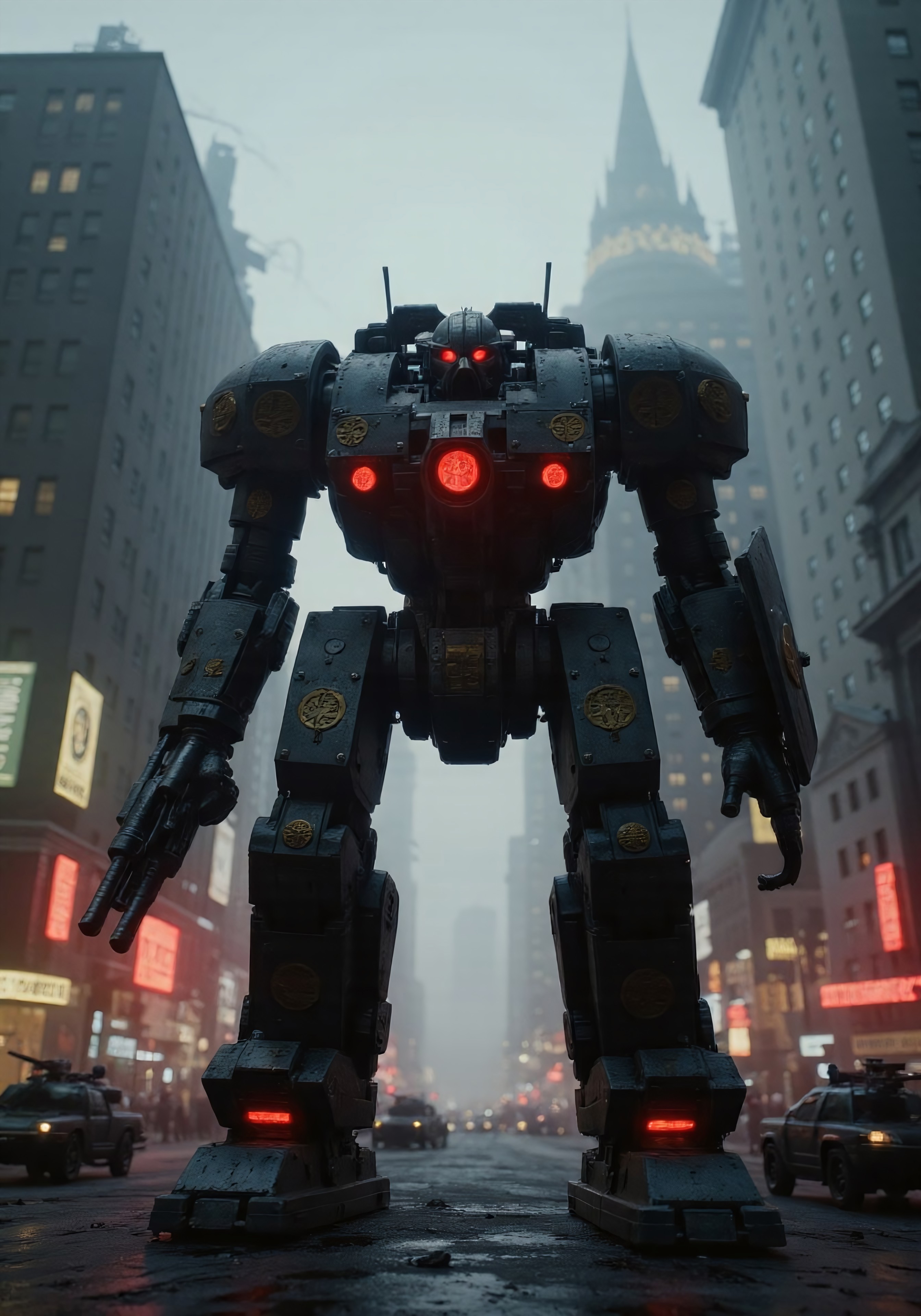 (Masterpiece, ultra-realistic, 32k, best quality, hyper-detailed, photorealistic, cinematic lighting, trending on ArtStation)
(Futuristic war Mech - towering BT-7274 Titan, reimagined in Warhammer 40k style, stands amidst a war-torn futuristic city, clad in gothic-mechanical armor adorned with golden engravings, purity seals, and glowing cybernetic runes. Its massive autocannon and shield radiate divine menace, massive weapon systems integrated with cybernetic rune circuits. Arme with integrated turrets, gun and the chainsaw)
(Futuristic dystopian city background — towering arcology ruins, burning neon signs, broken spires, gothic-mechanical cathedrals fused into skyscrapers)
(Scene: Battle-worn streets littered with debris, wrecked tanks, cracked pavement glowing with mag-tech circuits; raining ash and faint green glows from energy leaks)
(Titan stands in low-key cinematic lighting, shadows cloaking parts of its chassis, with piercing red optics glowing through the gloom)
(Dynamic low-angle shot, emphasizing scale and power, volumetric fog, lightning flickers in distance, glowing banners flutter from high ledges)
(Color tone: dark steel, gunmetal, crimson, burnt gold; atmospheric lighting enhances depth and contrast)
(Grimdark, mechanical gothic, cybernetic holy war aesthetic, solemn and imposing mood)