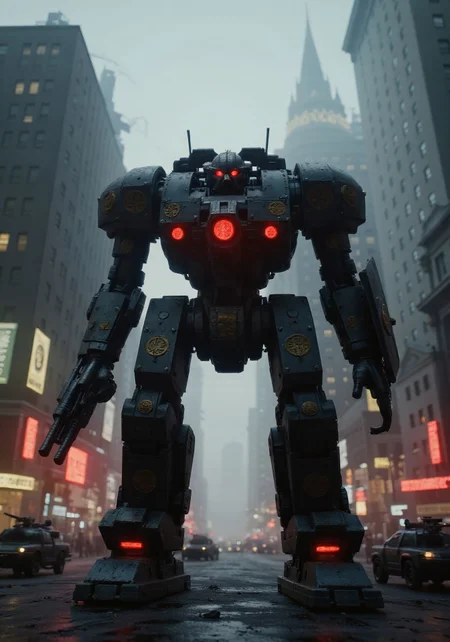 (Masterpiece, ultra-realistic, 32k, best quality, hyper-detailed, photorealistic, cinematic lighting, trending on ArtStation)
(Futuristic war Mech - towering BT-7274 Titan, reimagined in Warhammer 40k style, stands amidst a war-torn futuristic city, clad in gothic-mechanical armor adorned with golden engravings, purity seals, and glowing cybernetic runes. Its massive autocannon and shield radiate divine menace, massive weapon systems integrated with cybernetic rune circuits. Arme with integrated turrets, gun and the chainsaw)
(Futuristic dystopian city background — towering arcology ruins, burning neon signs, broken spires, gothic-mechanical cathedrals fused into skyscrapers)
(Scene: Battle-worn streets littered with debris, wrecked tanks, cracked pavement glowing with mag-tech circuits; raining ash and faint green glows from energy leaks)
(Titan stands in low-key cinematic lighting, shadows cloaking parts of its chassis, with piercing red optics glowing through the gloom)
(Dynamic low-angle shot, emphasizing scale and power, volumetric fog, lightning flickers in distance, glowing banners flutter from high ledges)
(Color tone: dark steel, gunmetal, crimson, burnt gold; atmospheric lighting enhances depth and contrast)
(Grimdark, mechanical gothic, cybernetic holy war aesthetic, solemn and imposing mood)