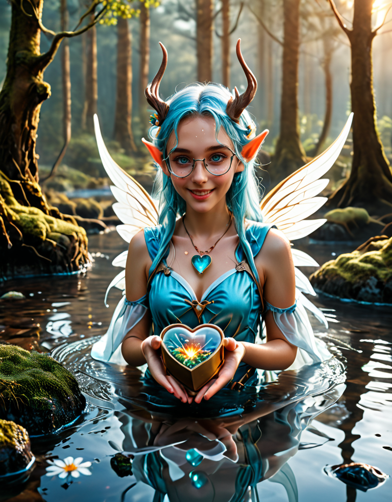 <lora:Space_Worlds_02_Dark_xlv1:1> sw02d_xl, elven fairy with white wings, depth of field, flowers, roots, sunset, elf 18yo girl, with glasses, cute, love, detailled elven outfit offer a heart shaped box to the viewer, with both hands, smiling, jewels, deer, forest, magic, clear light blue water, wet, roots, moss, rocks,
