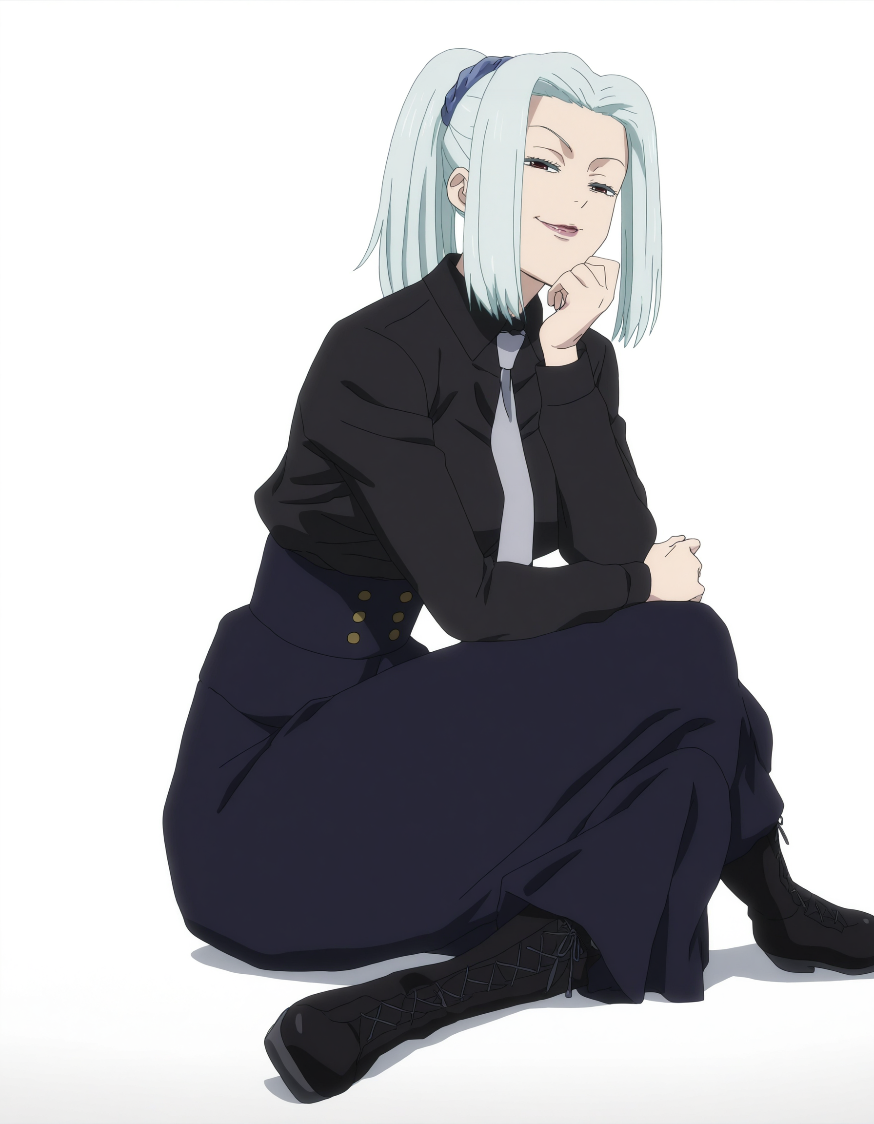 solo, full body, perfect composition, shadows, shading, <lora:anime_screencap-Illustrious:0.65> anime screencap, anime coloring, very aesthetic, absurdres, zPDXL, <lora:Pony_DetailV2.0:0.5> <lora:illustrious_quality_modifiers_masterpieces_v1:1>
<lora:MeiMeiJJK_15redo:1> m31m31, 1girl, sidelocks, ponytail, hair tie, female focus, looking at viewer, smirk, defined lips, leaning forward, hand on own chin, thinking pose, crossed legs,
h3dd1n_outfit, collared shirt, black shirt, necktie, high-waist skirt, blue skirt, black boots,
white background, simple background,
