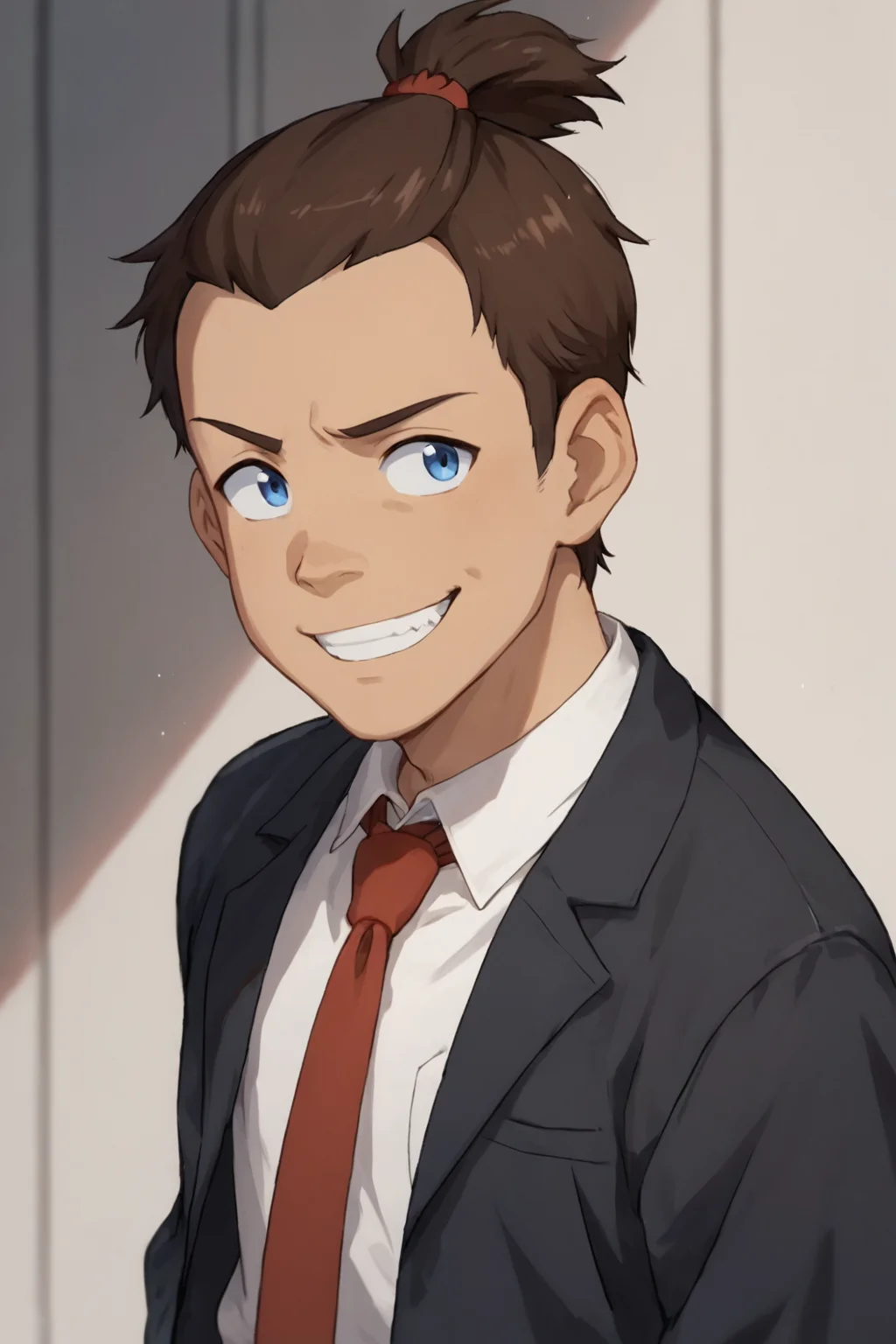 score_9, score_8_up, score_7_up, <lora:sokka:0.8>, 1boy, solo, sokka, blue eyes, brown hair, topknot, white shirt,black jacket, red necktie, grin, looking to viewer,