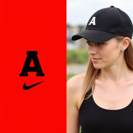 This pair of images showcases the sporty and stylish branding of a casual headwear company; [IMAGE1] the logo consists of a bold letter âAâ in blocky, italicized font, with a swoosh detail below it, set on a vibrant red background; [IMAGE2] the design is applied to a fitted sports cap in black with the logo embroidered in white, worn by a blonde woman in athletic attire, the image tightly focused on her upper body against a blurred outdoor background, emphasizing the capâs modern and versatile appeal