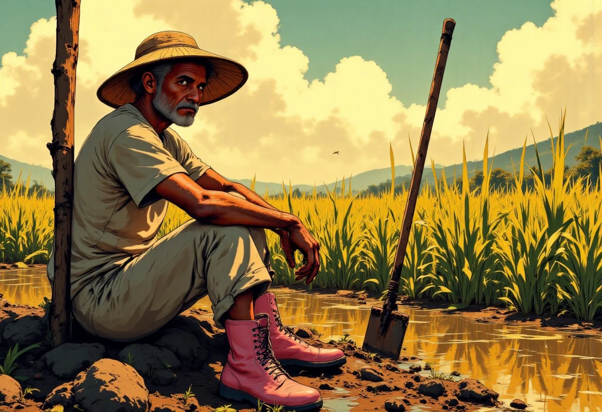 An elderly male farmer sits cross-legged on the ground directly facing small newly planted rice paddies on a mud field. His deeply wrinkled face tells the story of decades working under the tropical sun, with leathery skin creased by time and weather. His eyes, though tired, reflect wisdom and a profound connection to the land he has tended all his life. He wears a traditional conical bamboo hat that casts subtle shadows across his weathered features while protecting him from the intense sunlight above.
His attire is humble but practical - a plain, well-worn short-sleeve t-shirt, simple loose-fitting short pants rolled up slightly at the ankles, and sturdy pink rubber boots , no lace, caked with layers of dried mud from countless hours in the fields. The color of his clothing has faded from years of sun exposure and washing.
The farmer rests a wooden-handled hoe against his right shoulder, his calloused hand gripping it with the practiced ease of someone who has wielded this tool his entire life. His posture shows both weariness and quiet dignity. Behind him, the meticulously arranged rice plants stand in perfect rows, their vibrant green contrasting with the rich brown earth. The golden afternoon light bathes the scene, highlighting the textures of the paddies and the farmer's sun-baked skin. anime
