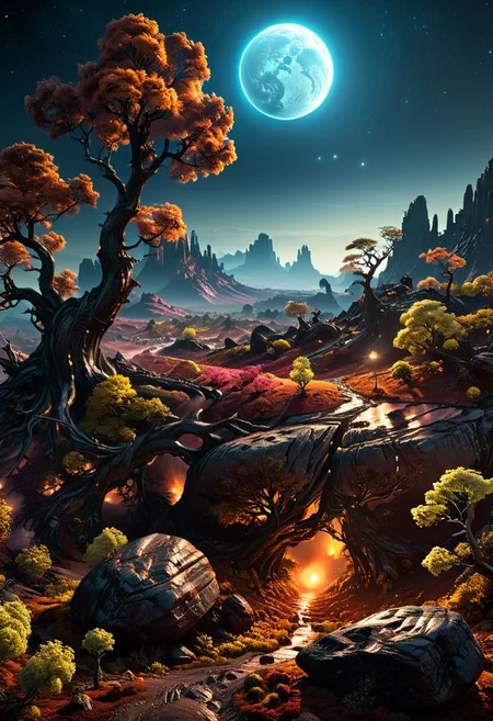 Landscape of a dark far away planet, rock and organic soil, glowing trees, UHD, masterpiece, trending on artstation, sharp focus, studio photo, intricate details, highly detailed, by greg rutkowski<lora:xl_more_art-full_v1:0.5>