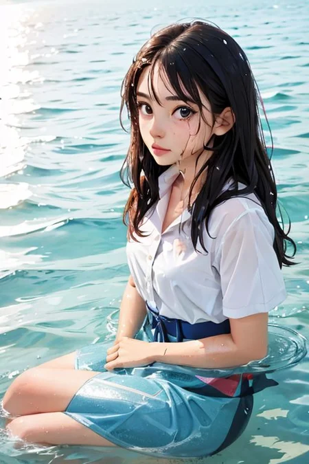 1girl, wet water
