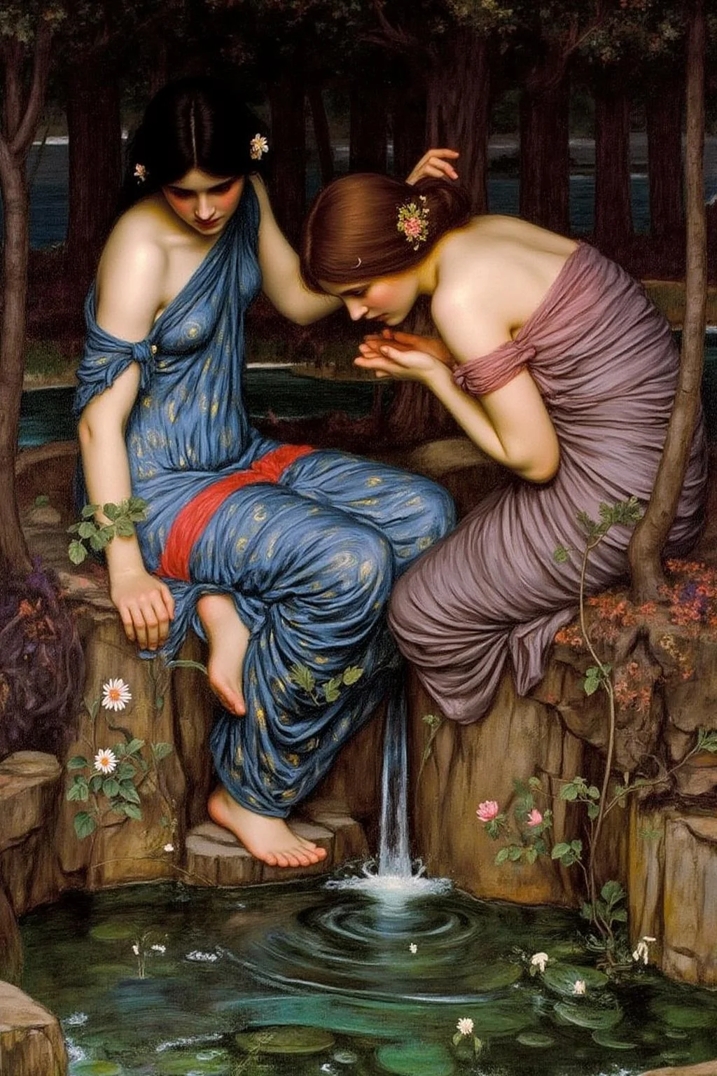 jwwaterhouse1 painting.
Two women in a serene, mystical forest setting. The woman on the left has long, dark hair cascading down her back, adorned with a small, delicate flower. She wears a flowing, blue dress with intricate, swirling patterns that shimmer slightly, suggesting a silky texture. Both women are looking down into the pool of water beneath them. <lora:jwwaterhouse1_cap_d6a3e11:1.0><lora:829516192692683617:0>