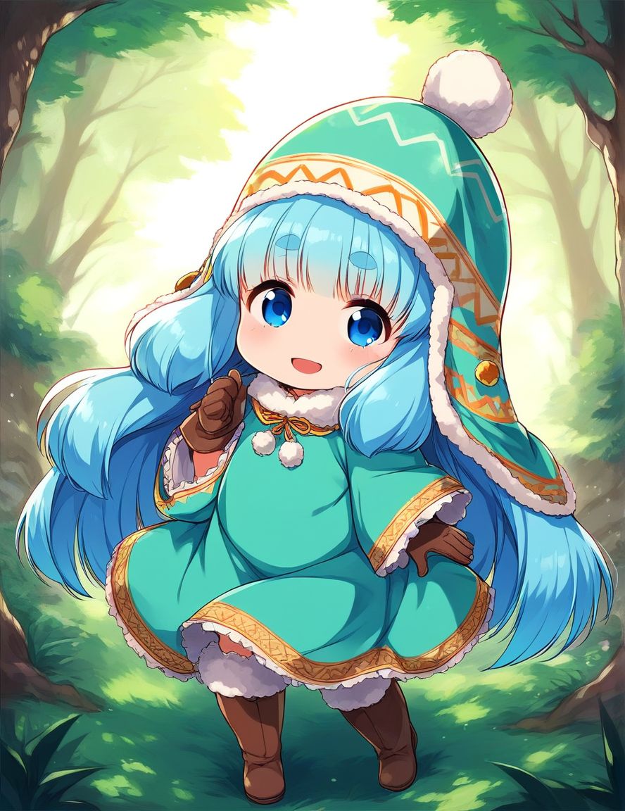 score_9, score_8_up, score_7_up, source_anime, rating_explicit, BREAK  <lora:Runemaster_XL:1>
runemaster, long hair, blue eyes,  bangs, very long hair, aqua hair, thick eyebrows, blue hair, short stack,
1girl, solo, smile, gloves, hat, full body, dress, boots, pom pom (clothes), looking at viewer,  brown footwear, brown gloves, long sleeves, wide sleeves, green dress
forest,