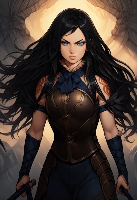 score_9, score_8_up, score_7_up, BREAK, score_9, <lora:pony_good_hands:1> , <lora:whip:1>, <lora:shanoa:1> shanoa, long hair, black hair, blue eyes, tattoo, holding whip, fighting stance