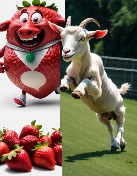 strawberry; mascot chasing; obese goat