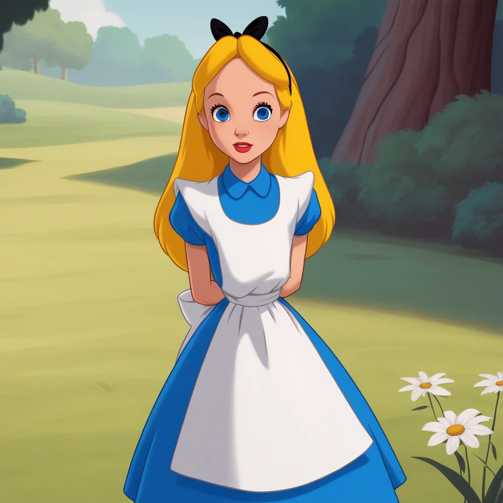 score_8_up, BREAK, Alice, 1girl, solo, blonde hair, long hair, blue eyes, headband, ribbon hairbow, blue dress, short sleeves, white apron, cowboy shot, <lora:AliceInWonderland_PXL_Leaf1:0.8>, looking at viewer, outdoors, arms behind back,