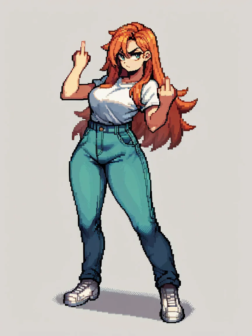 score_9, score_8_up, score_7_up, score_6_up, score_5_up, score_4_up, <lora:v1l4n0XLP:0.8> v1l4n0, pixel art, 1girl, full body, long hair, ginger, curvy, middle finger,