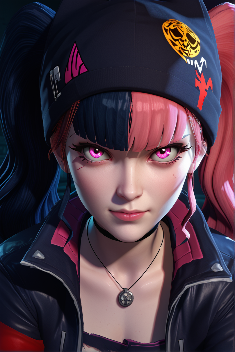 score_9, score_8_up, score_7_up, score_6_up  <lora:Dramatic Lighting Slider:2> <lora:Zoe_Rayne__Palworld:0.8> zoeraynepalworld close-up portrait focusing on her face and upper torso, staring directly at the viewer with a sly, defiant smirk. Her pink and black twintails frame her face, slightly tousled, with her Grizzbolt-ear beanie tilted roguishly. Her pink eyes gleam with mischief under pulsing pink and purple neon lights. Sheâs leaning forward in a cluttered Syndicate hideout, arms crossed, her torn pink-to-black jacket revealing a high-tech gadget strapped to her chest. Sparks from a nearby Pal-trapping device cast dynamic shadows across her face, highlighting her sharp features. Gritty cyberpunk aesthetic, ultra-detailed, cinematic lighting, vibrant contrasts, 4K resolution.