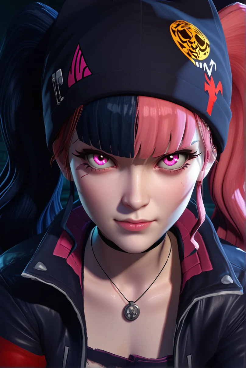 score_9, score_8_up, score_7_up, score_6_up <lora:Dramatic Lighting Slider:2> <lora:Zoe_Rayne__Palworld:0.8> zoeraynepalworld close-up portrait focusing on her face and upper torso, staring directly at the viewer with a sly, defiant smirk. Her pink and black twintails frame her face, slightly tousled, with her Grizzbolt-ear beanie tilted roguishly. Her pink eyes gleam with mischief under pulsing pink and purple neon lights. Sheâs leaning forward in a cluttered Syndicate hideout, arms crossed, her torn pink-to-black jacket revealing a high-tech gadget strapped to her chest. Sparks from a nearby Pal-trapping device cast dynamic shadows across her face, highlighting her sharp features. Gritty cyberpunk aesthetic, ultra-detailed, cinematic lighting, vibrant contrasts, 4K resolution.