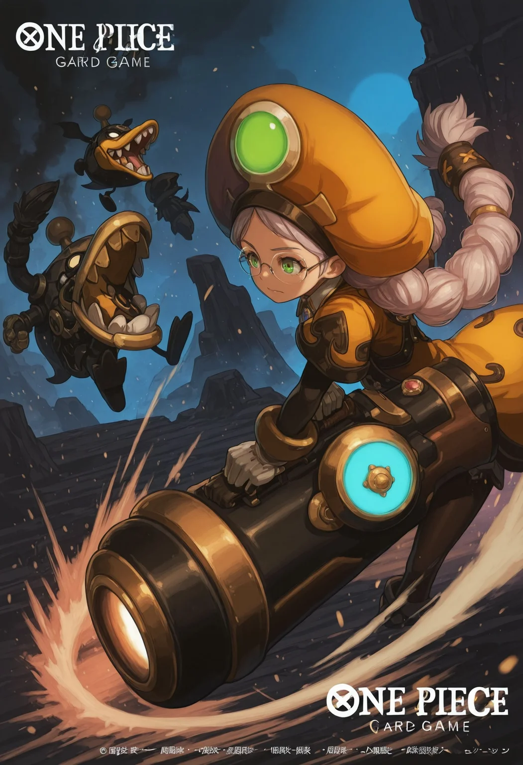 AcadDN01, 1girl, holding cannon, Mecha Duck, orange hat, twin braids, opcgstyle, art, official art, concept art, gradient color, gradient ambient light <lora:academic_dragonnest:1> <lora:One piece card game artstyle [IL]:1>