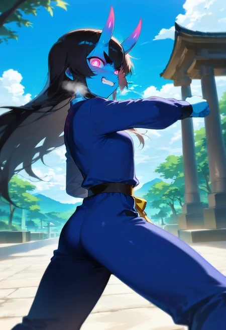 score_9_up, masterpiece, best quality, amazing quality, very aesthetic, 1girl, solo girl, wallpaper, 1girl, solo girl, temple, day, clouds, sky, fighting stance, fighting uniform, dynamic pose, heavy breathing, from side, close up,
BREAK <lora:Kuroni_Black_Pony:1> Kuroni Black, colored skin, deep blue skin, Aka-Oni, oni girl, straight horns, black hair, long hair, pink eyes , glowing eyes, short thick eyebrows, eye trails, light trails, sparkling (((adult))), looking at viewer, angry smile, clenching teeth,