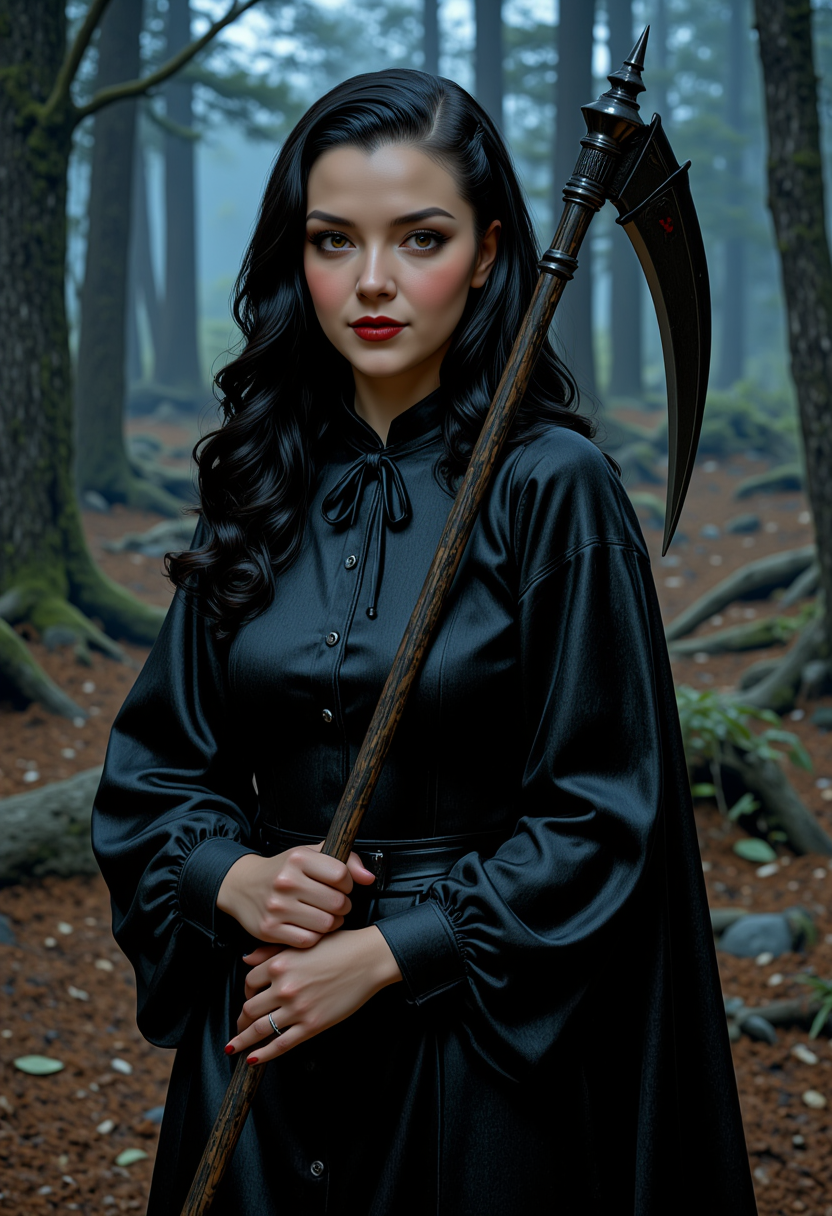 She is approximately 18 years old, full body view, dynamic angles, multiple angles, photoshoot poses; a photo of Angelic@, with dark hair, retro50s_style, a she is dressed as the grim reaper, holding a glwing scythe. Movie Poster, Atmospheric, Ultra Detailed, Suffering, Kodachrome, elaborate, intricate,  atmosphere, illustrious quality, ambient background, deep rich colors, excellent composition ,making this image a masterpiece of photography and digital art. realistic. making this image a masterpiece of photography and digital art. Style: realistic hyper-detailed rendering, 32k UHD, expressive eyes, punk, graphic design, girl's face, pretty and cute, gleaming lips, telling a tale of adventure. Exuding confidence and serenity. The overall mood of the image is happy and relaxed,detailed skin texture,(blush:0.2),(goosebumps:0.3),subsurface scattering,whimsical,Detailed hand, Perfect hand. Perfection style.aidmafluxpro1.1