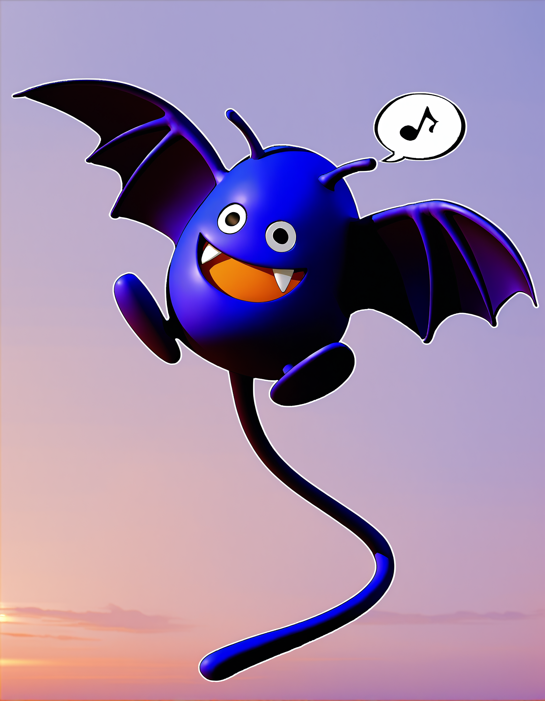 zPDXL3,full_body,sky,<lora:Pony_DetailV2.0:1>,day,
BREAK dracky,flying,no humans,:D,fang,black eyes,bat wings,open mouth,<lora:dracky-v2-pony:1>,black eyes,doyagao,spoken musical note,