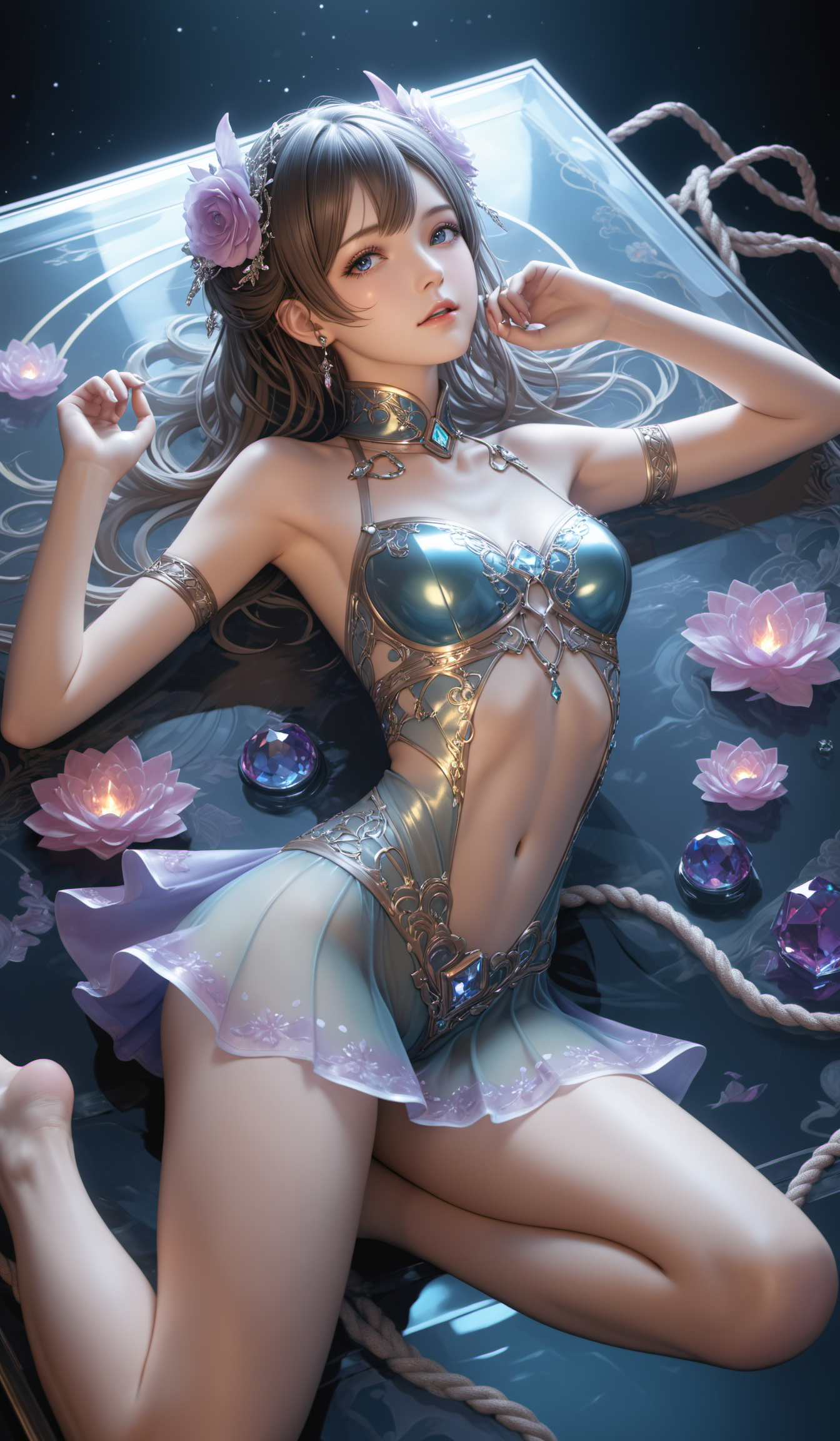 (Best quality,masterpiece,absurdres,ultra realistic:1.4),(Rococo:1.4),(close portrait:1.3),peerlessly beautiful idolmaster ,beautiful detailed eyes,(see-through_clothing),shine,glowing,sparkling,energy coalescing and vibrating,(dynamic angle,dynamic pose),whole_body,Lying down,shy ,sad,disdainful ,Around,sex,nsfw, topless, nude,
wearing Hanfu ,(((miniskirt))),
(,oxygen mask ),(toe ring, scintillating included (i3) alexandrite, portguese cut, step cut facets, 0.75 carat, spellbinding,    sparkled, titanium, rock-hard, hardy, dyeing, art deco setting, fair trade, common, antique, rococo, religious symbols),( mythical landscapes buttress,skylight),(manufacturing),(timeless tome of prophecies, metal cladding, Luminescent Deep-Sea Creatures,Bioluminescent Organisms, rope lights),
(Around floating flame:1.4)the most beautiful form of chaos,
(rectangle:1.4),(flowers:1.4),