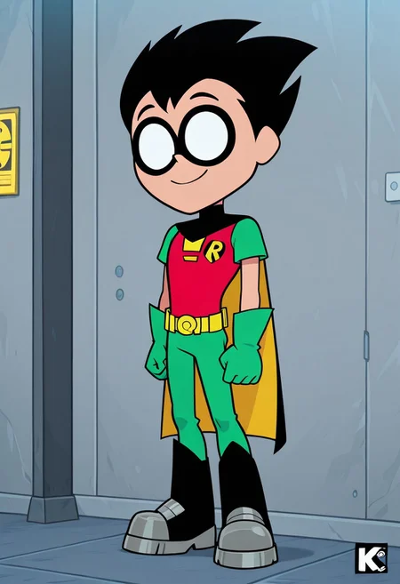score_9, score_8_up, score_7_up, masterpiece, best quality, amazing quality, Robin_TTG, 1boy, solo, black hair, spiky hair, eye mask, kevlar-lined red shirt, green sleeves, short sleeves, "R" logo on shirt, yellow lines in center of shirt, green pants, skin tight pants, metal tipped boots, yellow belt, utility belt, green gloves, black and yellow cape, smile, looking at viewer, no pupils