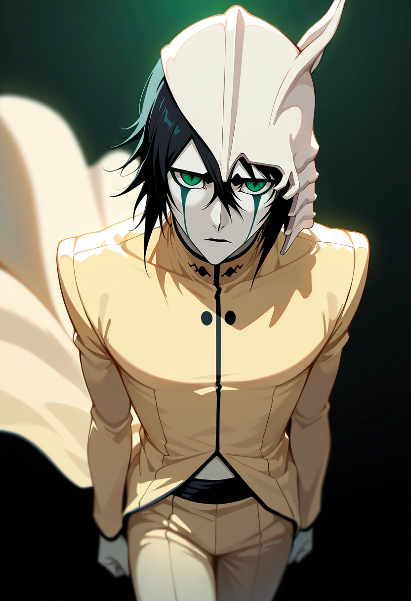 masterpiece, best quality, intricate details, , , depth of field, 1boy, solo, male focus, <lora:ulquiorra_cifer_ilxl:0.9>, ulquiorra_cifer, black hair, green eyes, facial mark, hair between eyes, , , Tribal BubblegumPink Lurex Work pants, BlazingYellow Linen blazer, , , and