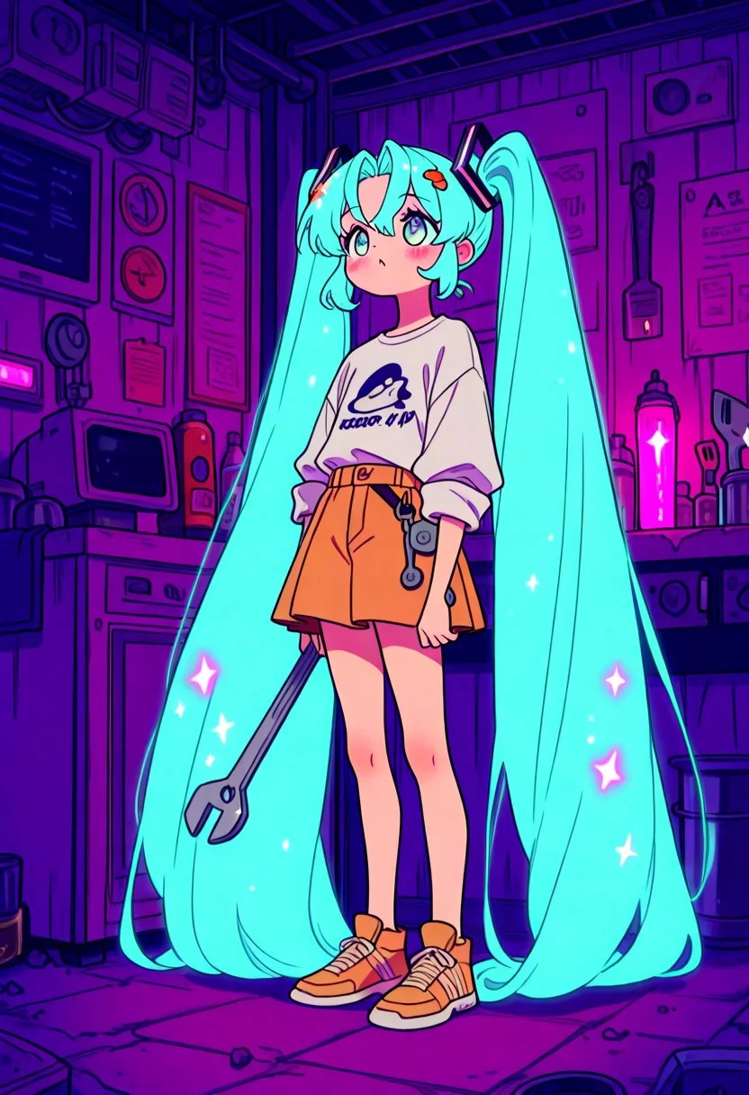 cute, simple illustration of a cute miku22, absurdly long hair,aqua hair,twintails,hair ornament,sidelocks,hair between eyes,parted bangs,aqua eyes,
 big smile, wrench, a vintage rock band t-shirt, short skirt , sleeves rolled up. side view, looking away, focus on face, Standing in a futuristic mechanic's workshop filled with glowing tools, hovering drones, and sleek machinery, score_9, score_8_up, score_7_up, source_anime,  cute, style:1.1, VPAR