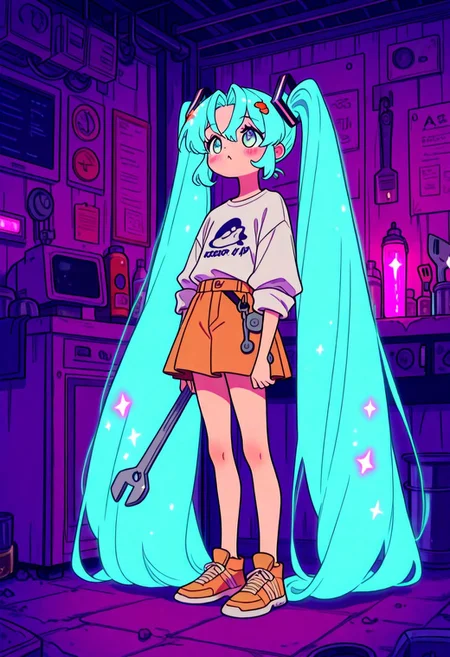 cute, simple illustration of a cute miku22, absurdly long hair,aqua hair,twintails,hair ornament,sidelocks,hair between eyes,parted bangs,aqua eyes,
big smile, wrench, a vintage rock band t-shirt, short skirt , sleeves rolled up. side view, looking away, focus on face, Standing in a futuristic mechanic's workshop filled with glowing tools, hovering drones, and sleek machinery, score_9, score_8_up, score_7_up, source_anime, cute, style:1.1, VPAR