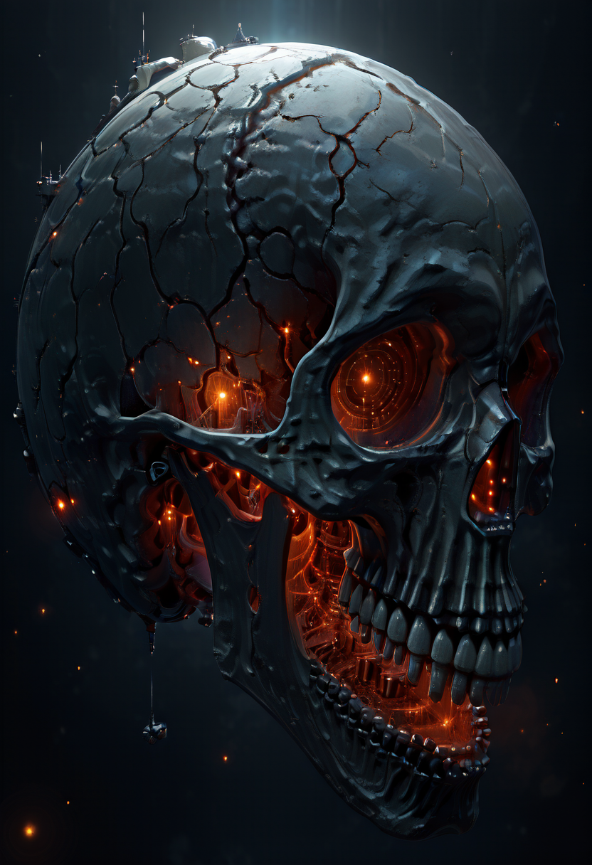masterpiece, best quality, no humans,   ,<lora:SkullWorld_IXL:1.0>,  zzSkullWorld, a towering, eerie space station shaped like a gigantic skull, floating in the vastness of space. Its hollow eye sockets glow with an unsettling red hue, casting long shadows on the surface of the nearby colony planet. Massive ships dock within its massive jaw, while smaller crafts zip around the skull's menacing exterior. The planet below is partially visible, with sprawling cities and glowing lights, but itâs the skull that dominates the scene. Star clusters twinkle in the background, casting a cold, cosmic light over the entire spectacle.