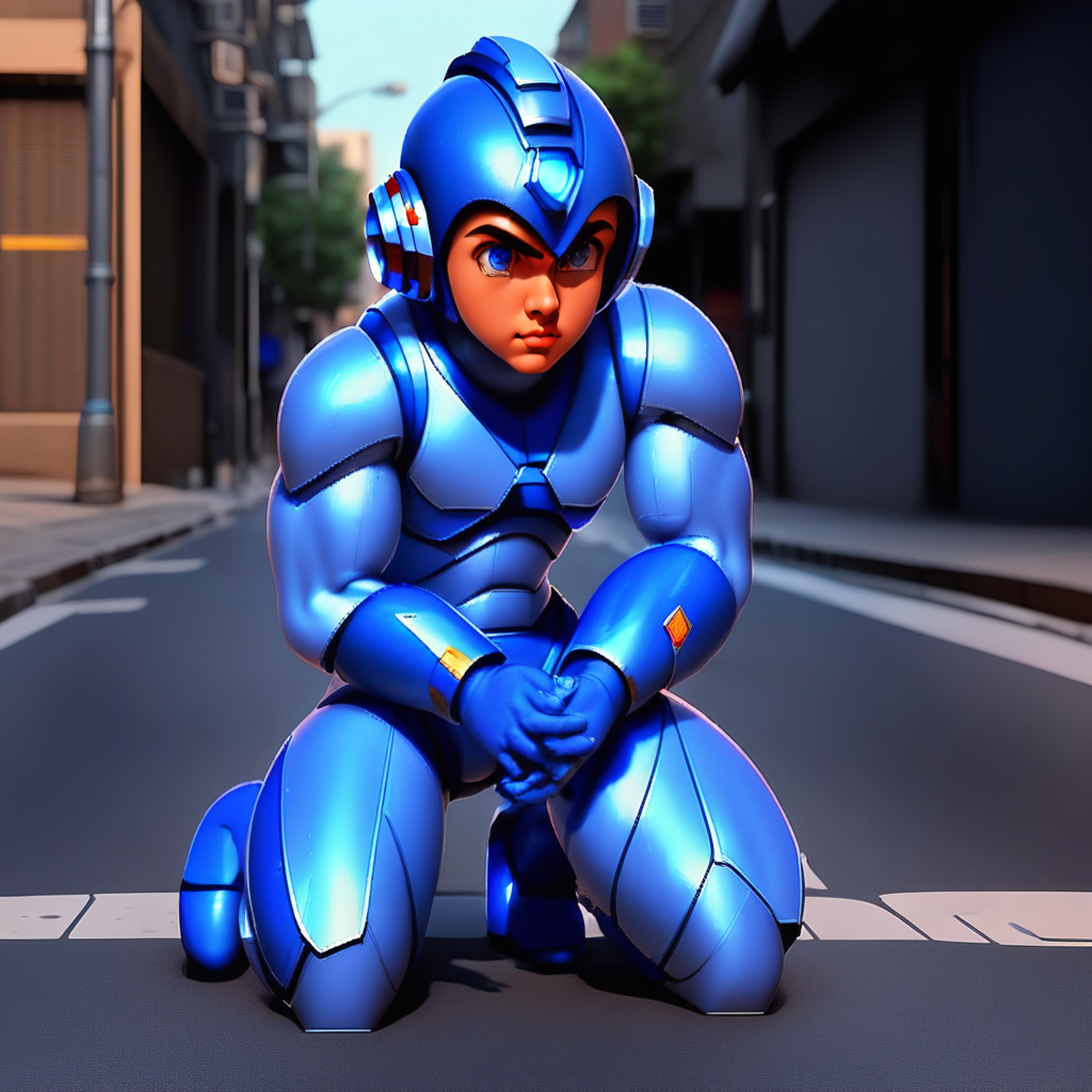 megaman, kneeling on a street, street level, blue robot, 3d++, smooth, high details, masterpiece, 4k, (handsome teen face), (realistic face:1.5), (high detailed face:1.5), (high detailed eyes:1.5), (serious), (focused)