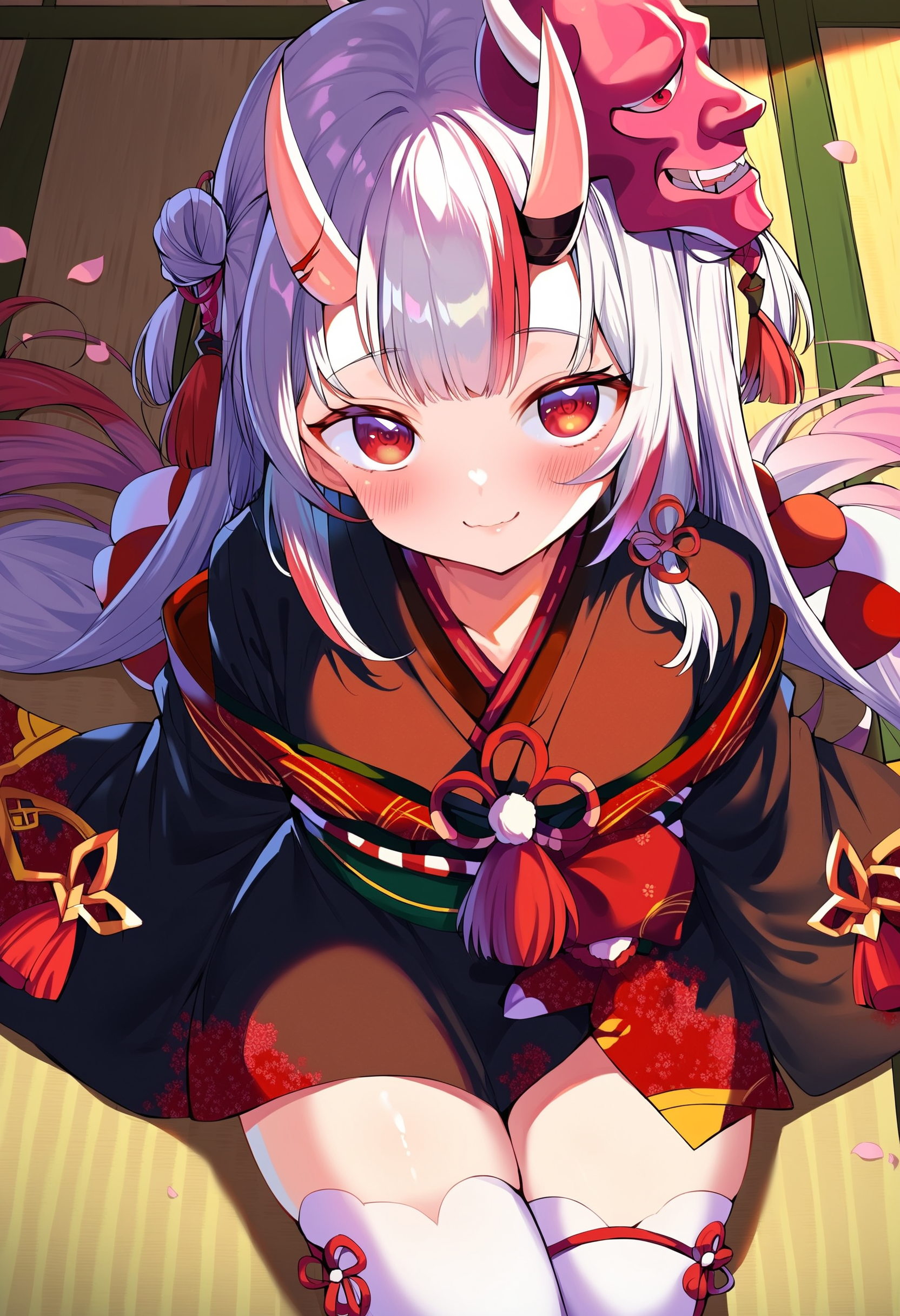 score_9, score_8_up, score_7_up, score_6_up, source anime,
nakiri ayame, nakiri ayame base, 1girl, looking at viewer, solo, oni, japanese clothes, blush, kimono, white thighhighs, long hair, smile, skin-covered horns, :3, hair ornament, oni mask on head, sitting, black kimono, looking up, tatami, closed mouth, from above, indoors, lying, petals, tassel
<lora:nakiri_ayame_v1:1>